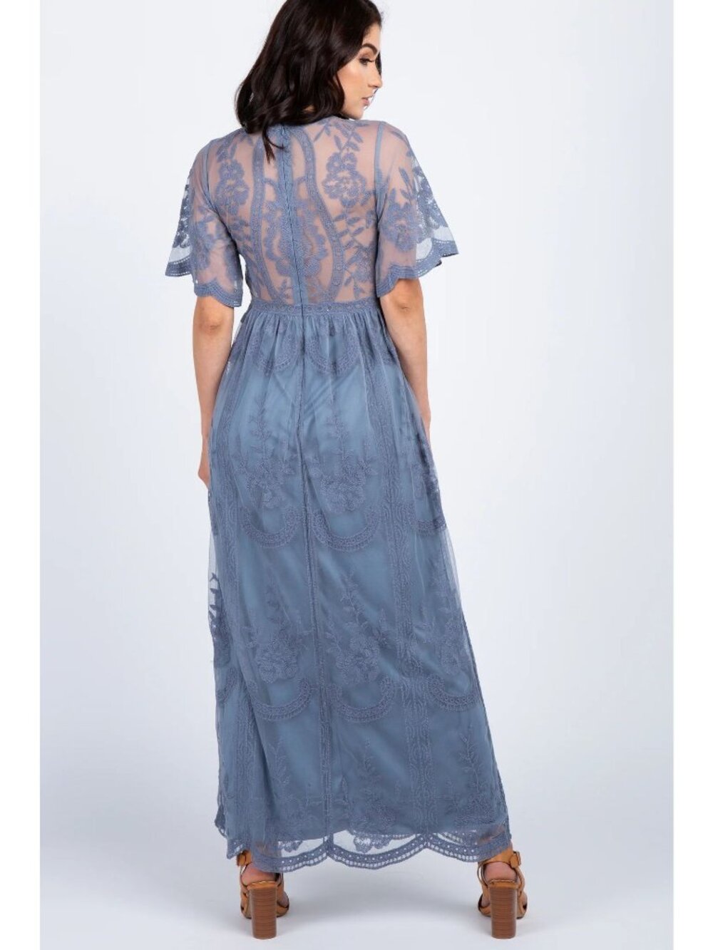 PinkBlush Small Blue Lace Mesh Overlay Maxi Dress Boho Fairy Feminine Empire Wai - Picture 2 of 8